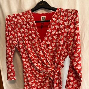 Anne Klein Faux Wraparound Red Top with White Floral Pattern Size Medium